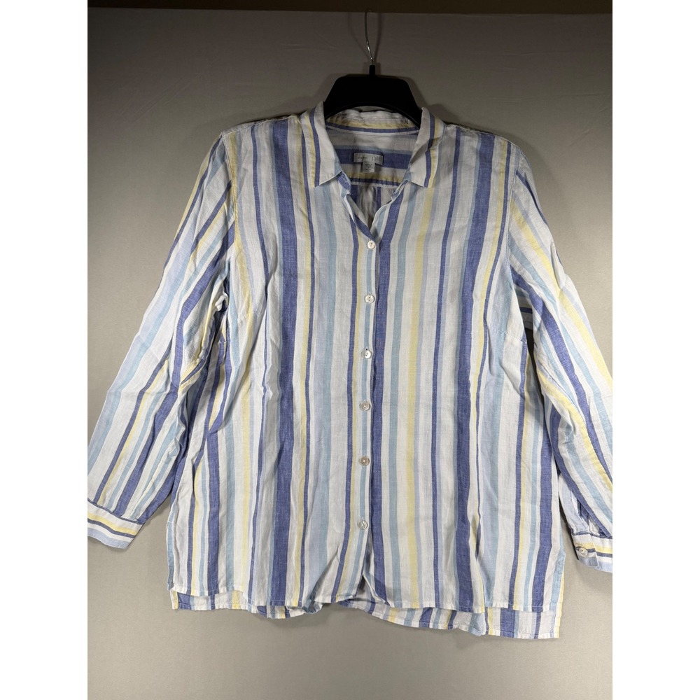 J. Jill Love Linen Striped Button Down Shirt Womens Medium Petite Blue Yellow